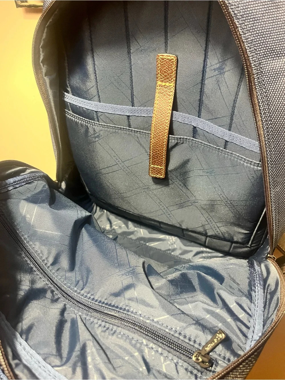 Longchamp Men's Navy Blue Backpack with Brown Trim